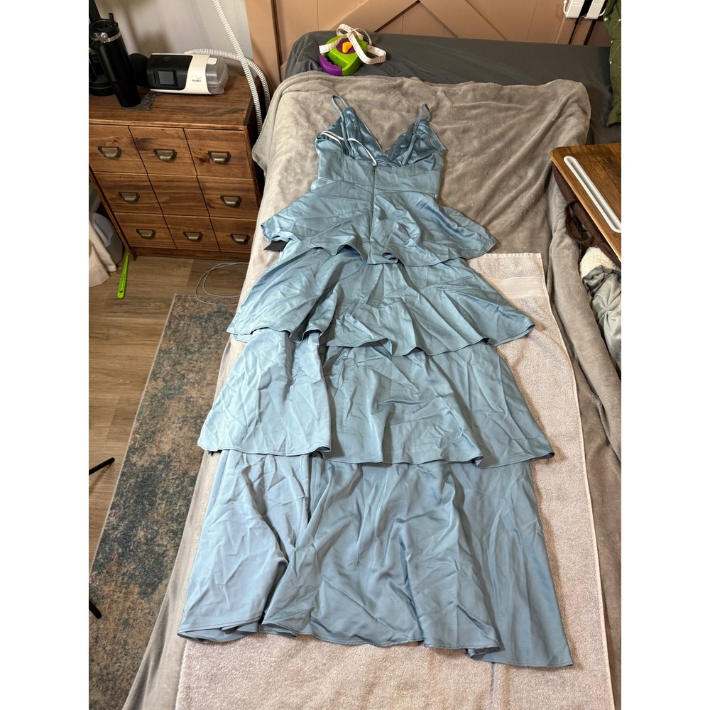 NWT Lulus Going with Elegance Slate Blue Satin Tiered Gown Size Small Formal - Picture 10 of 11